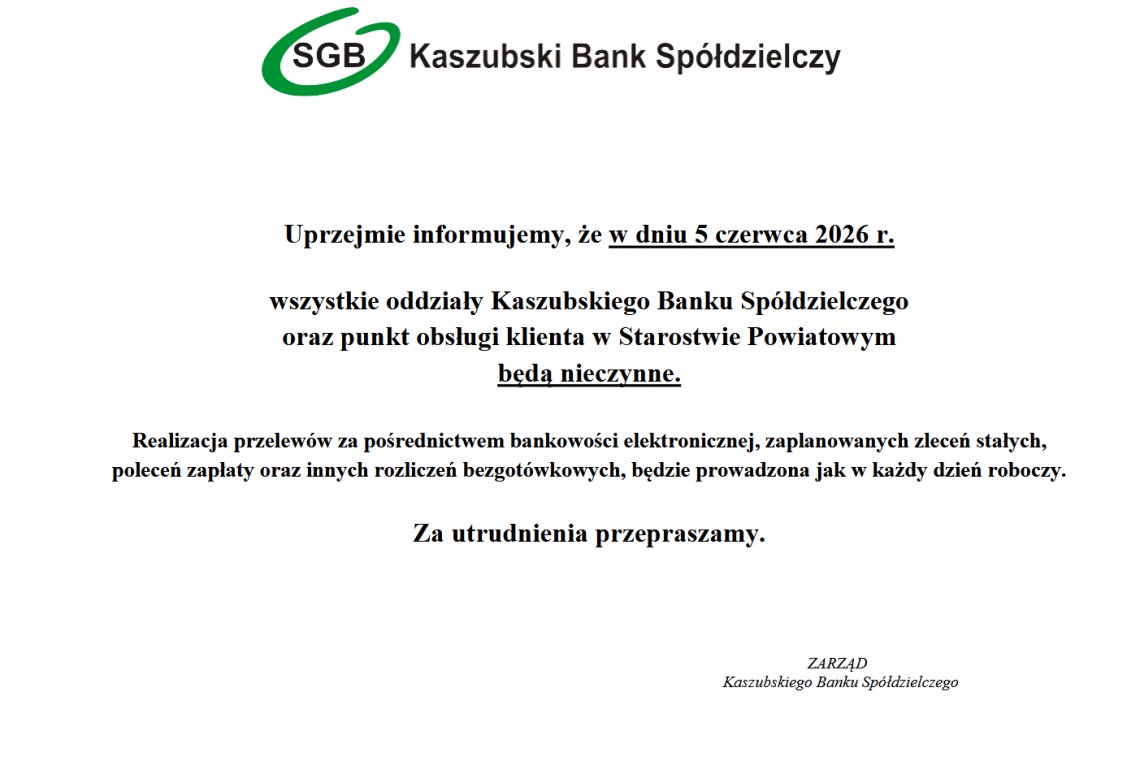Nieczynne placówki Kaszubskiego Banku Spółdzielczego w dniu 05.06.2026 r. 